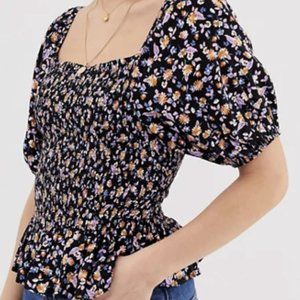 New Look Black Floral Smocked Square Neck Blouse
